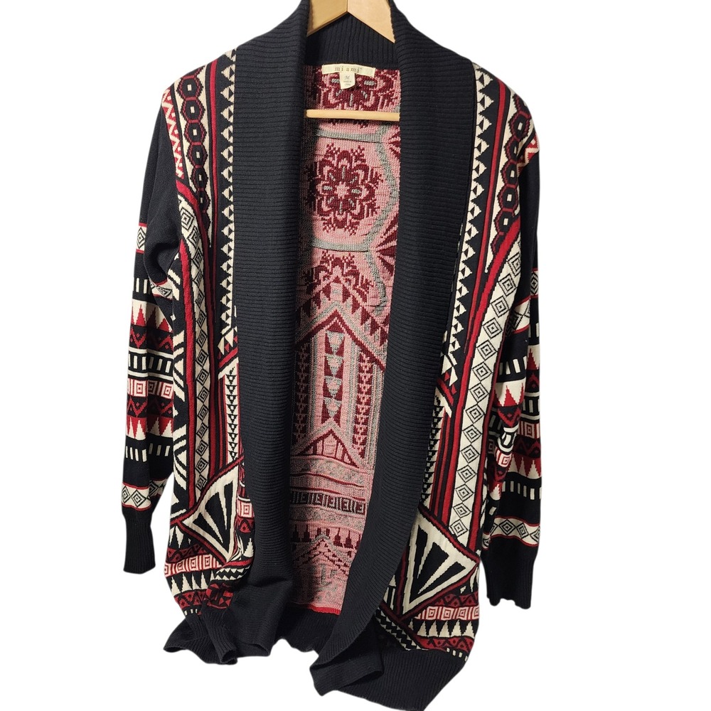 Miami‎ Boho Aztec Pattern Open Front Long Cardigan Sweater Women's Size Medium